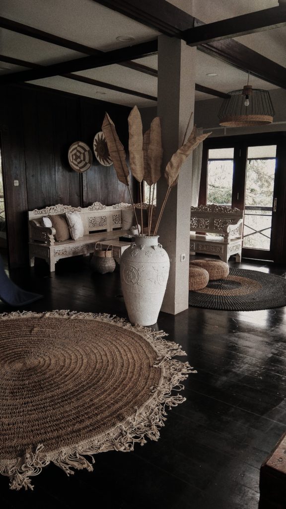 Wood flooring and textured, circular rugs