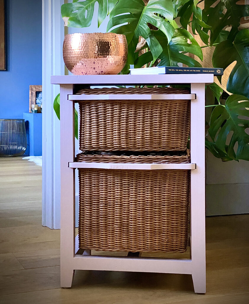 basket storage unit painted in rose pink chalk paint. Home decor projects to make with the kids.