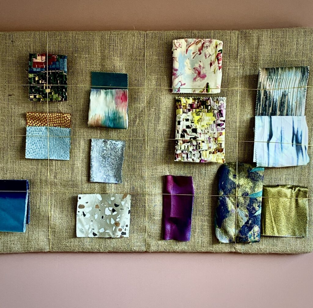 Fabric covered inspiration board. Home decor projects to make with the kids.