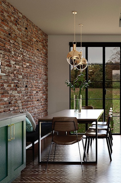 Modern Kitchen with reclaimed brick walls and crittall doors