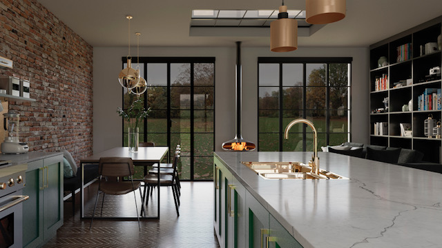 London kitchen extension with ceiling hung fire